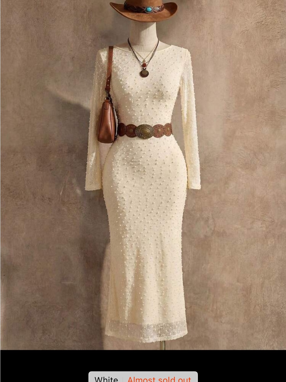 SHEIN Cream Pearl-Embellished Long-Sleeve Midi Dress